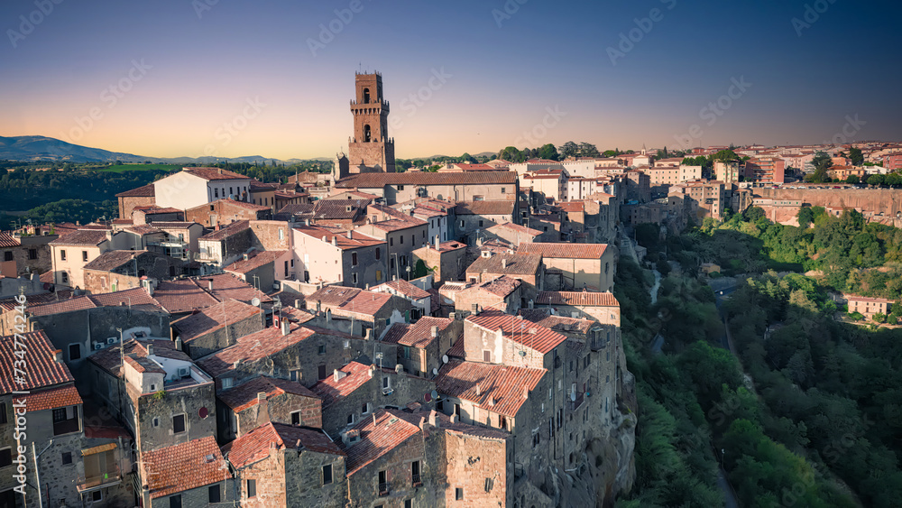 Pitigliano - ancient medieval town in Italy (Tuscany) during sunset.
