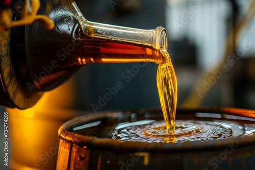 closeup of person pouring oil into a barrel