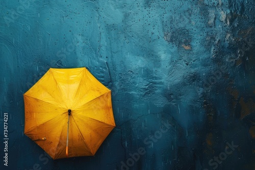 A vibrant yellow umbrella adorned with large raindrops, braving the downpour on a rainy day. photo