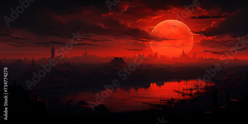 Red black sinister nightmare brush stroke,Full red molten sun over ocean , © Bubble