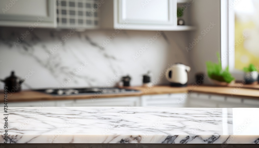 Selective focus. The marble table top on the blurred white kitchen room background Selective focus. The marble table top on the blurred white kitchen room background