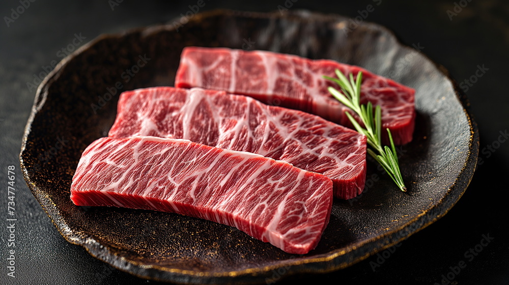 Several slices of thinly sliced marbled beef on a plate against a dark background. Closeup. Generative AI Several slices of thinly sliced marbled beef on a plate against a dark background. Closeup. Generative AI