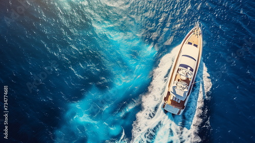 Drone shot of a luxury boat sailing on the deep blue sea. Top view. Travel, vacation Concept. Generative AI © seogi