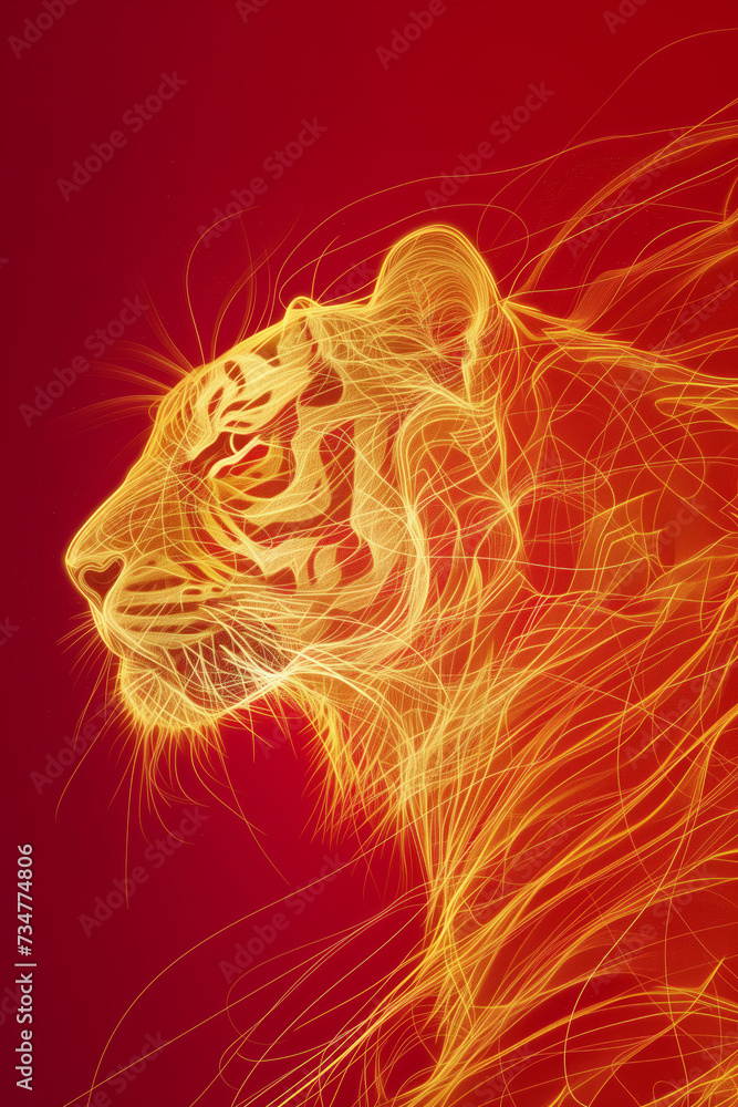 Deconstructed golden line art of a tiger on deep red background Stock ...