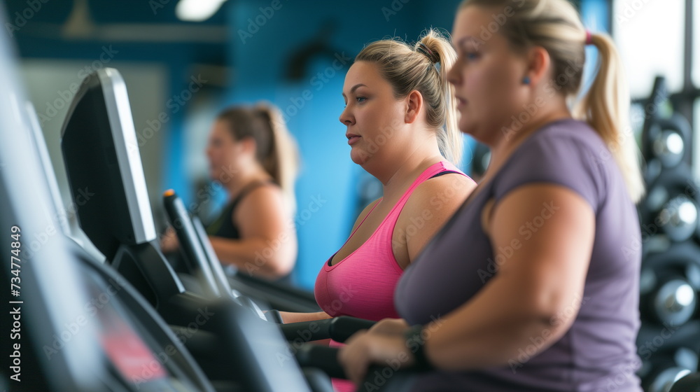 Overweight women working hard on treadmills in the gym - Generative AI Overweight women working hard on treadmills in the gym - Generative AI