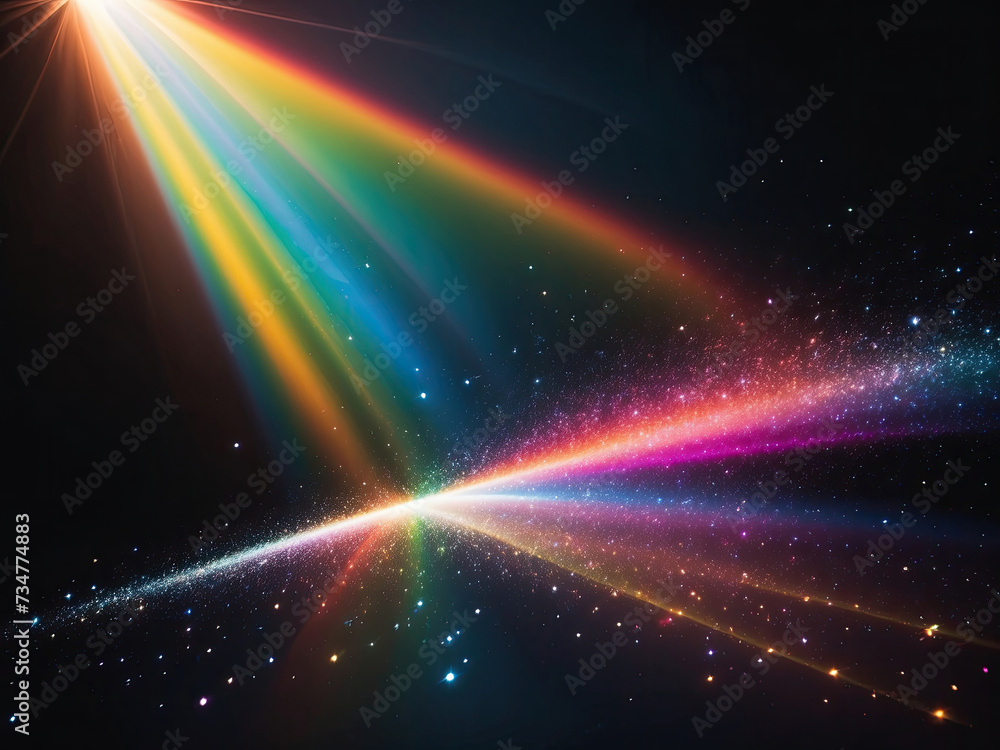 Rainbow light effect from sun rays with colorful dust on dark background