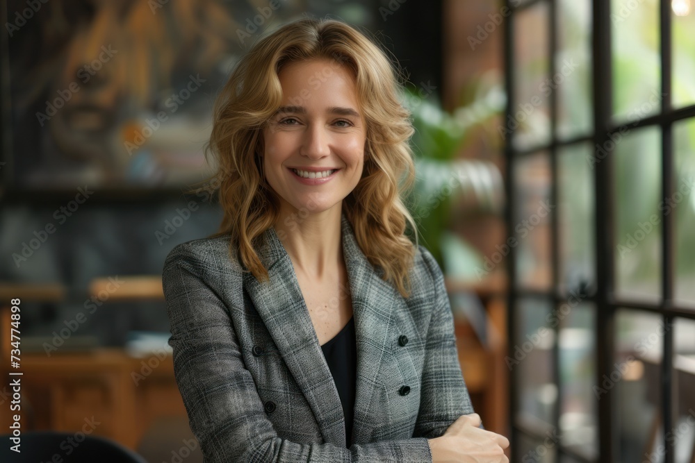 A smiling businesswoman with blonde hair in an urban setting A smiling businesswoman with blonde hair in an urban setting