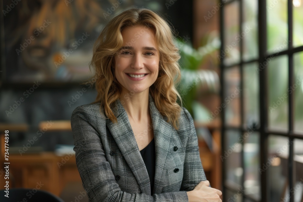 A smiling businesswoman with blonde hair in an urban setting