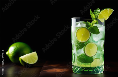 Cool drink with ice, lime and a sprig of mint. Place for advertising.