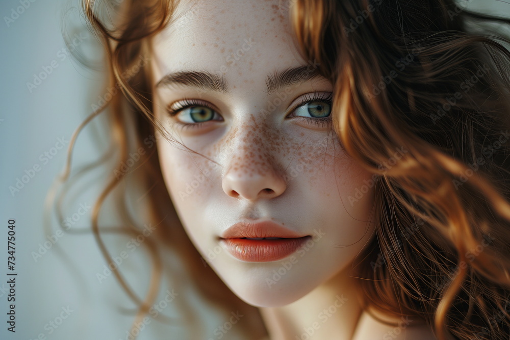 Close-up of face of expressionless beautiful girl model with reddish-brown hair with freckles. Generative AI Close-up of face of expressionless beautiful girl model with reddish-brown hair with freckles. Generative AI