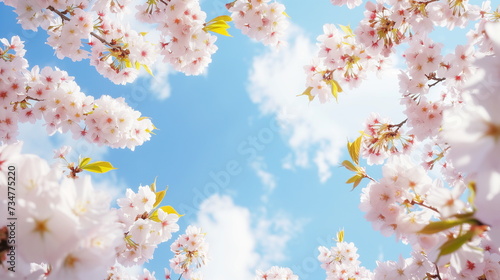 Cherry blossom, open space, cherry blossom frames the edges for a flyer with no text. blue sky background - Generative AI © seogi