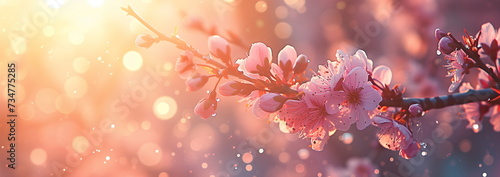 A close-up of freshly bloomed cherry blossoms. Bokeh sunburst background. Close-up of flowering tree branches. Spring concept, Spring background. Generative AI photo