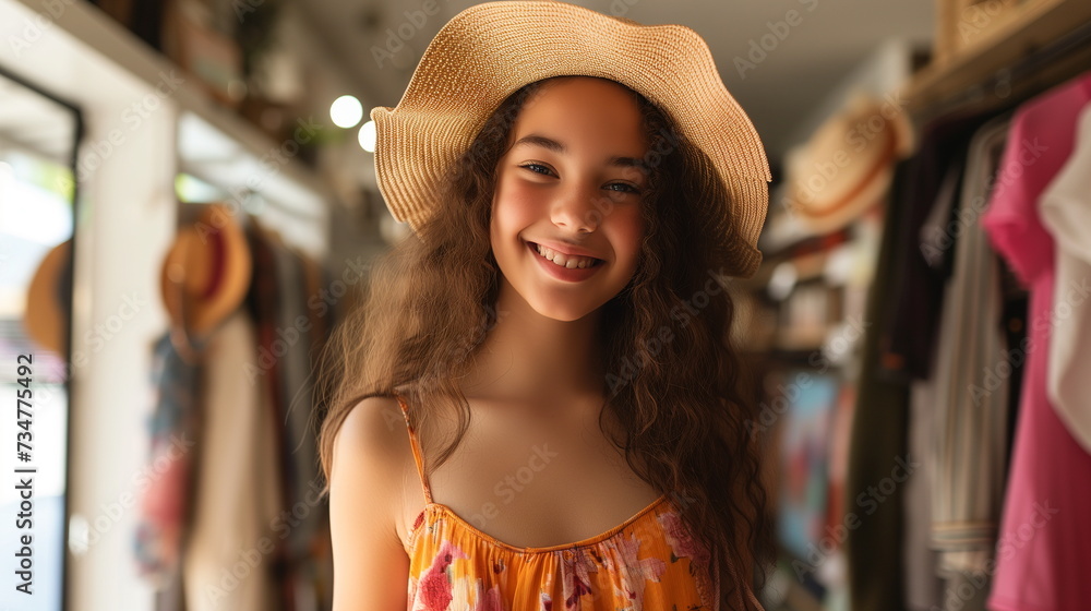 A cute teenage girl wearing a summer tank top and a straw hat smiling brightly at the camera. Bokeh background of a clothing store with hanging clothes. Summer shopping concept. Generative AI