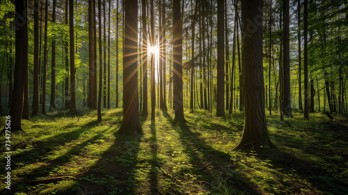 A dense forest with strong sunlight shining through the trees. Summer concept. Generative AI
