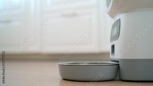 Automatic pet dry food dispenser pouring a portion of dry food in the kitchen. smart pet feeder controlled remotely via app on phone. Pet care, Pet nutrition, day ration, pet's device, weight control photo