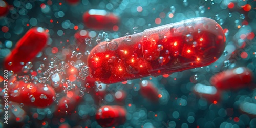  A Shiny Red Medicinal Capsule Illustrated with Microscopic Blood Cells and Dynamic Particles, Generative AI