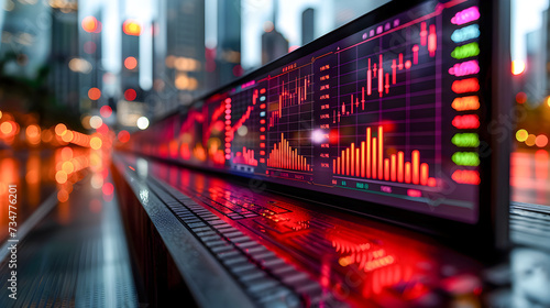 Electronic stock market display showing financial data analysis graphs with colorful bokeh lights of a city street in the background. 