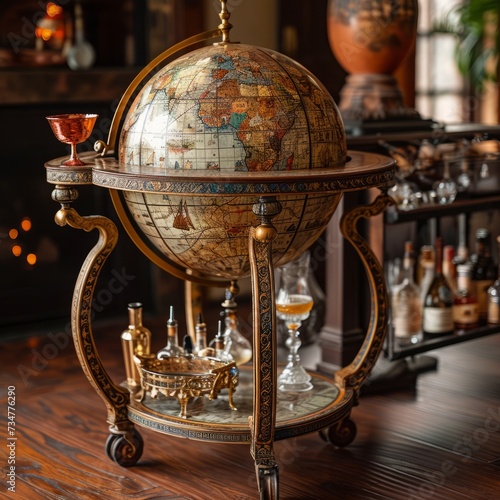 vintage globe bar cart in elegant interior with luxury alcohol bottles photo