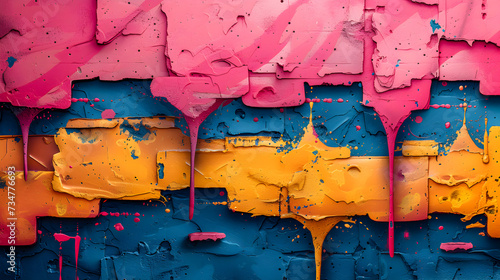 A detailed close-up of a wall with multiple layers of vibrant, textured paint dripping and splattering, creating a dynamic and colorful composition. 