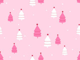 Christmas or New year seamless pattern with Christmas tree and snowflakes on pink background vector illustration.