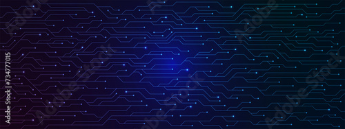 Abstract blue electronic circuit board texture. Scifi PCB trace data transfer and digital technology concept background. photo