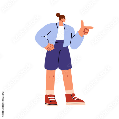 Woman pointing in front of her with finger. Happy girl character gesturing wi...