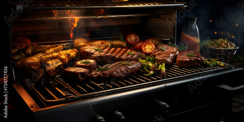 Delicious juicy meat steak cooking on grill,Traditional Grill,Flaming grill, Barbecue grill ablaze with fiery flames,