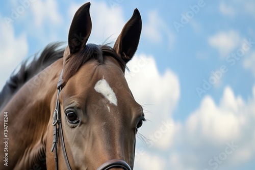 close perspective of horse ears perked while jumping