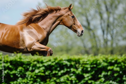 horses mane flowing as it jumps a green hedge