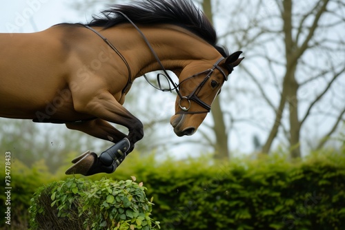 horses mane flowing as it jumps a green hedge