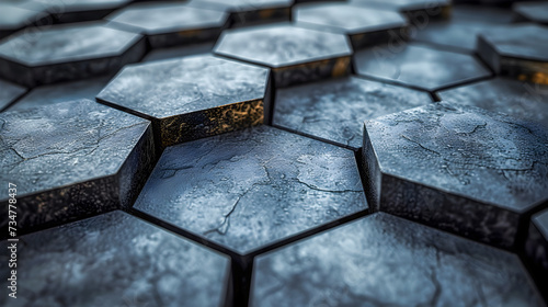 Close-up of monochrome hexagonal tiles with a textured surface, depicting modern design and abstract patterns.
