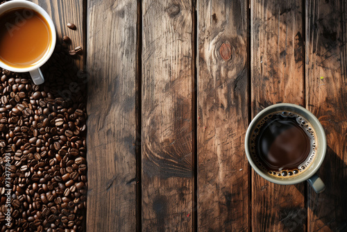 Coffee morning on the wood floor background.