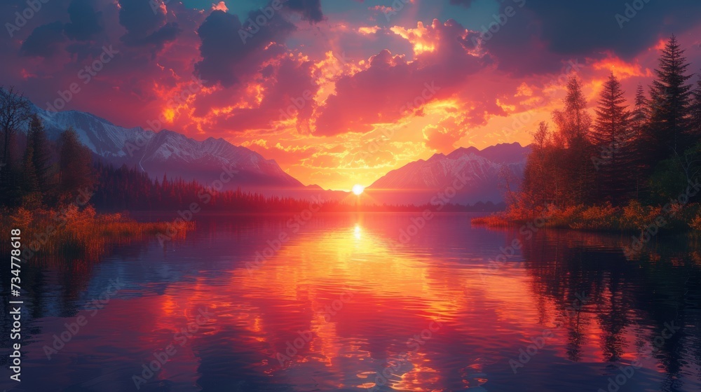Radiant Twilight Vibrant Sunset Reflections at Lake