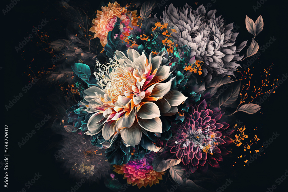 Abstract flowers bouquet on dark background
