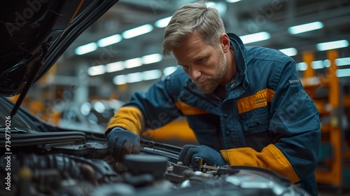 Car mechanician repairing car in auto repair shop
