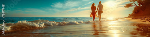 Blonde European Woman in Beautiful Summer Dress Walking on Beach, Smiling
