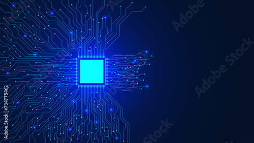 Microchip with electronic circuit board on dark blue background. Central computer processors cpu and motherboard digital chip design concept. 