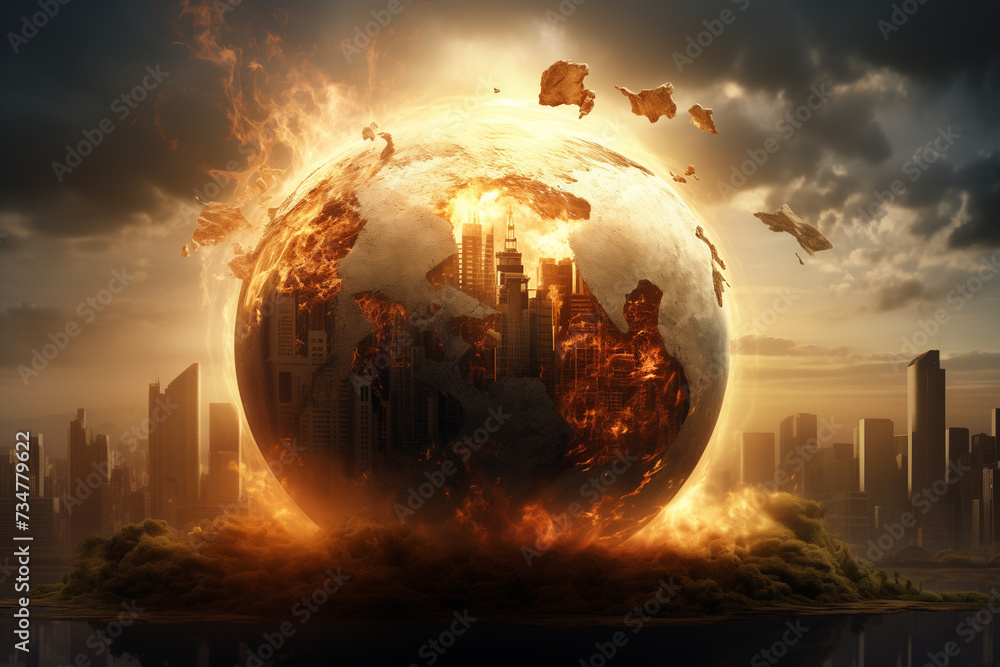 Climate change crisis concept. Global warming illustration. Earth globe with city and environment. - obrazy, fototapety, plakaty 
