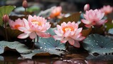 Pink lotus flowers with water droplets on their petals, standing above dark green leaves in the tranquil water, close-up