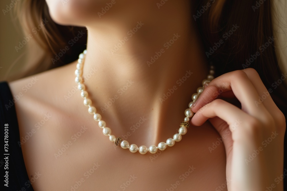 woman adjusting pearl necklace clasp around neck