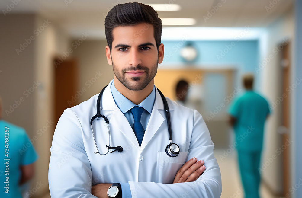 A brutal man doctor in a robe and a stethoscope stands in the hospital corridor and looks carefully into the lens. A brutal man doctor in a robe and a stethoscope stands in the hospital corridor and looks carefully into the lens.
