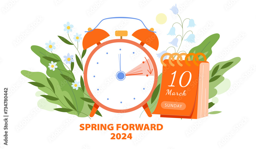 Daylight Saving Time Begins concept. Vector illustration of clock and calendar date of changing time one hour on march 10, 2024 with spring flowers decoration.  Spring Forward time transition - obrazy, fototapety, plakaty 