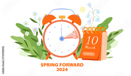 Daylight Saving Time Begins concept. Vector illustration of clock and calendar date of changing time one hour on march 10, 2024 with spring flowers decoration. Spring Forward time transition