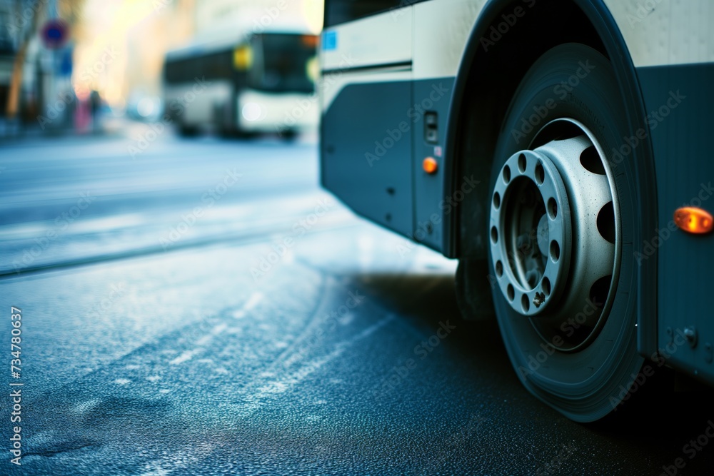 bus wheels closeup on city asphalt