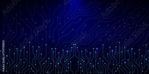 Abstract electronic circuit board texture. High computer and digital technology concept on a dark blue background.