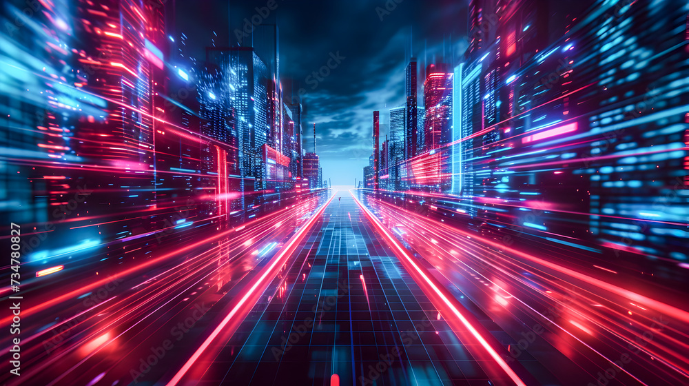 Abstract digital cityscape with vibrant neon light streaks conveying speed and modernity.
Abstract digital cityscape with vibrant neon light streaks conveying speed and modernity.