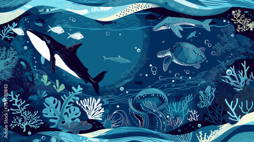 Various marine life forms such as fish, a turtle, a whale, and a jellyfish, all set against a deep blue background.