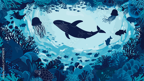 Various marine life forms such as fish, a turtle, a whale, and a jellyfish, all set against a deep blue background.