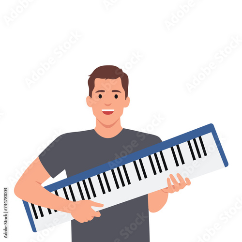 Young man holding piano keyboard. Flat vector illustration isolated on white background
