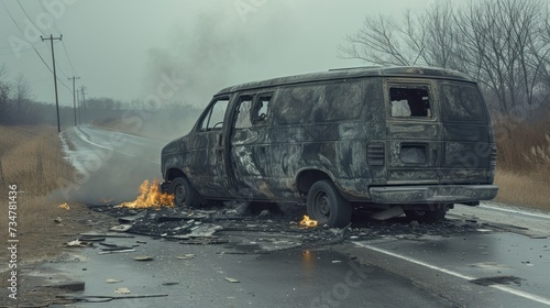 Burnt out big van next to the road. The car after the accident. A burnt-out car without windows and tires © Ruslan Gilmanshin